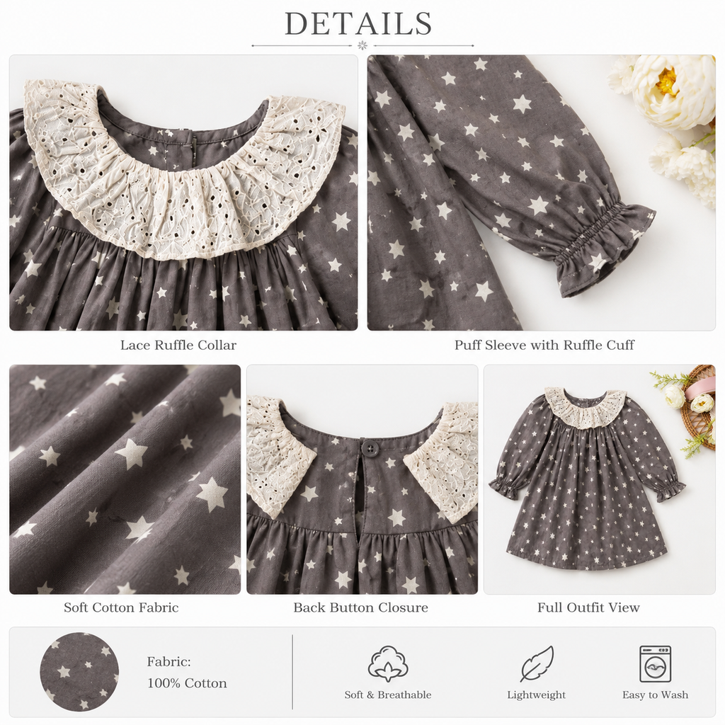 Charcoal Star Print Eyelet Collar Dress