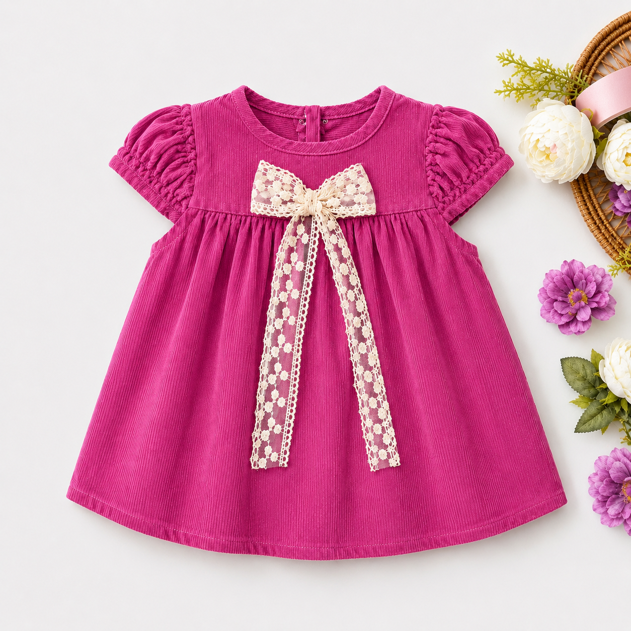 Vintage Plum Corduroy Baby Dress with Oversized Lace Bow Accent