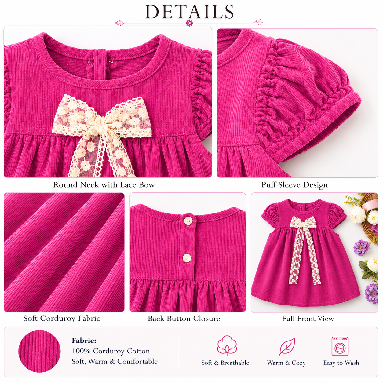 Vintage Plum Corduroy Baby Dress with Oversized Lace Bow Accent