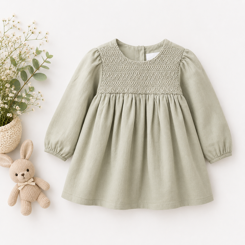 Lavanda Heritage Sage Smocked Linen Dress
