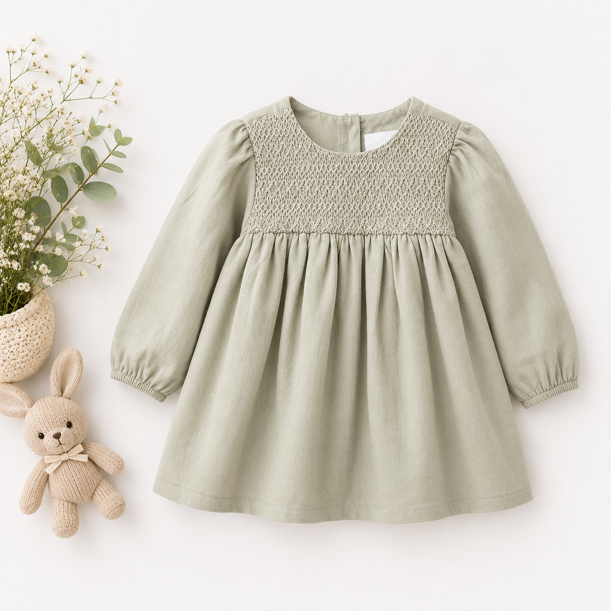 Lavanda Heritage Sage Smocked Linen Dress