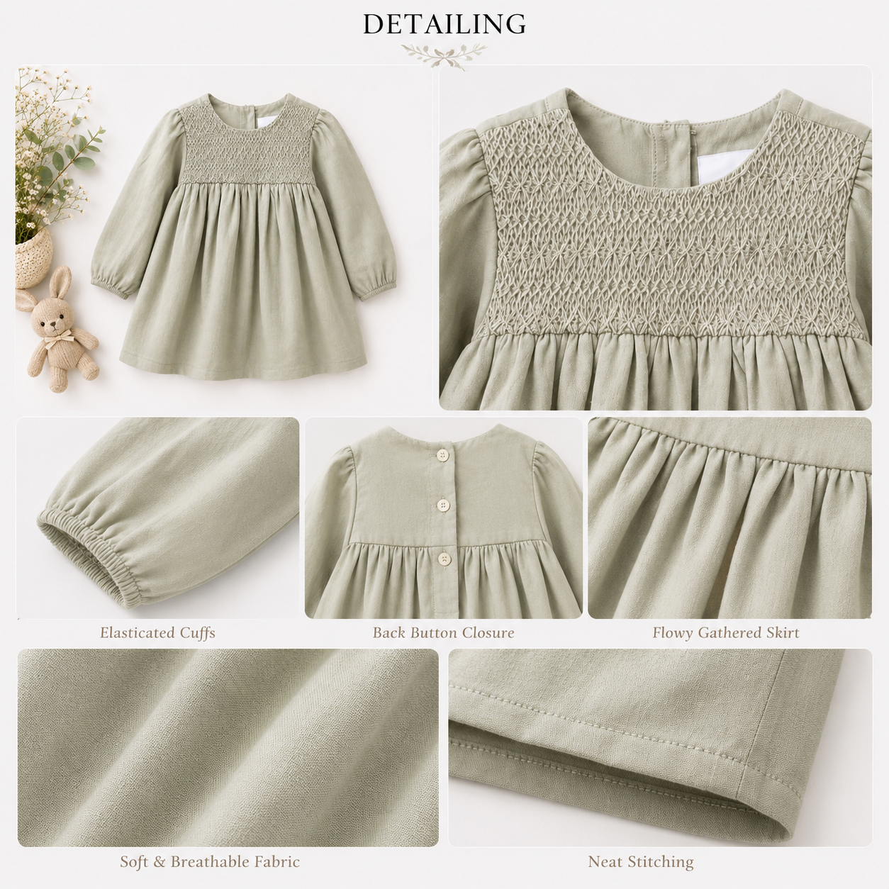 Lavanda Heritage Sage Smocked Linen Dress