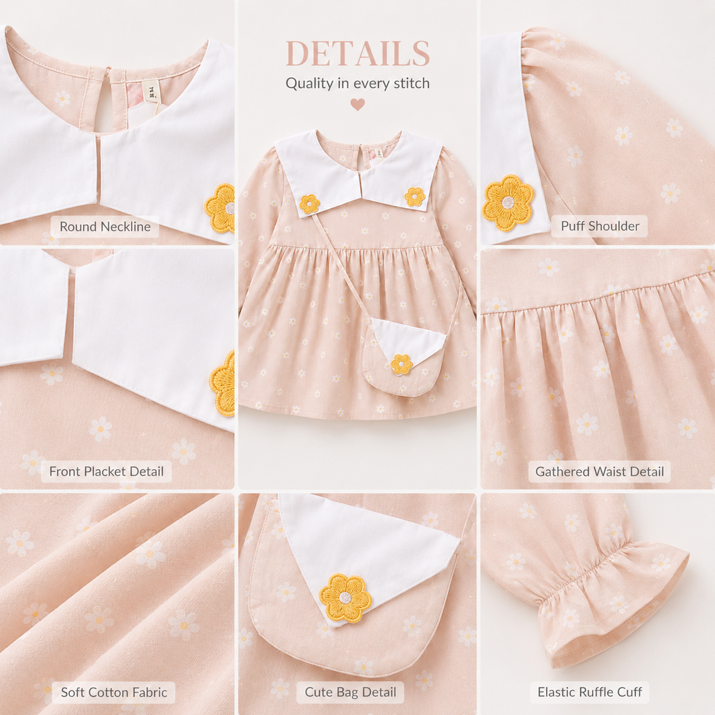 Sweet Daisy Bloom Vintage Collar Dress & Purse Set