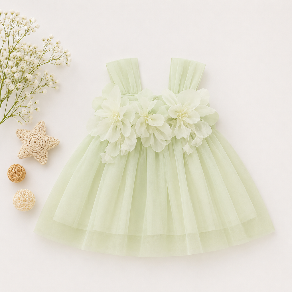 Girls’ Green Tulle Flower Party Dress – Toddler & Baby