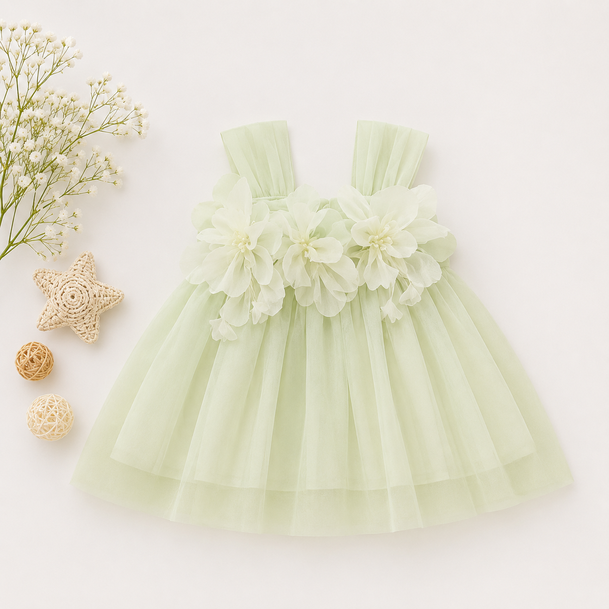 Girls’ Green Tulle Flower Party Dress – Toddler & Baby