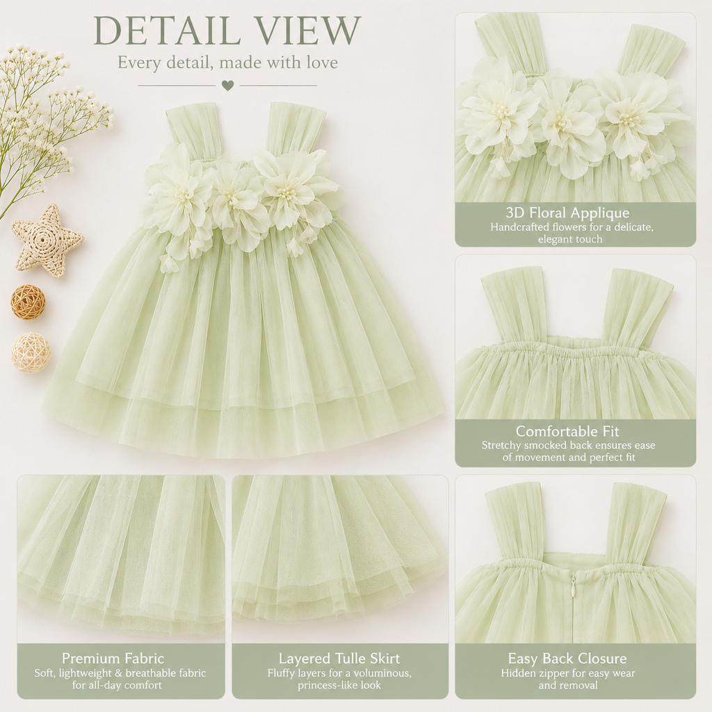 Girls’ Green Tulle Flower Party Dress – Toddler & Baby