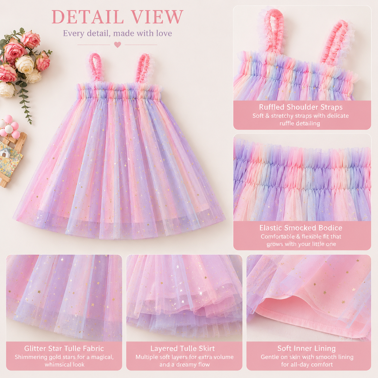 Pastel Star Tulle Dress for Baby Girls