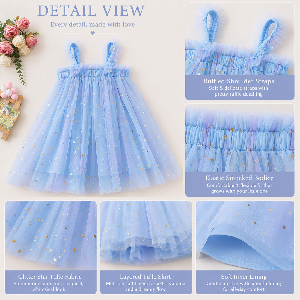 Pastel Star Tulle Dress for Baby Girls