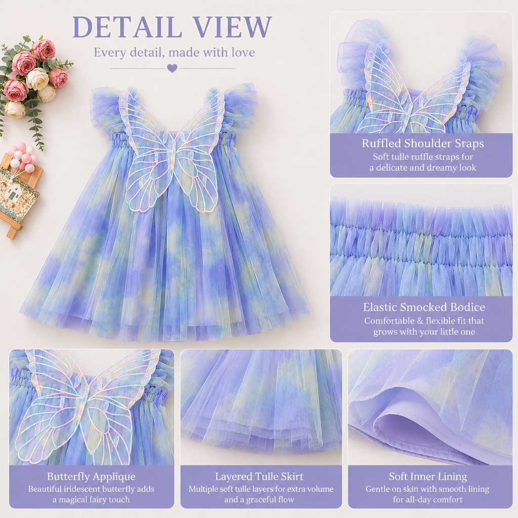 Iridescent Butterfly Tulle Dress for Girls