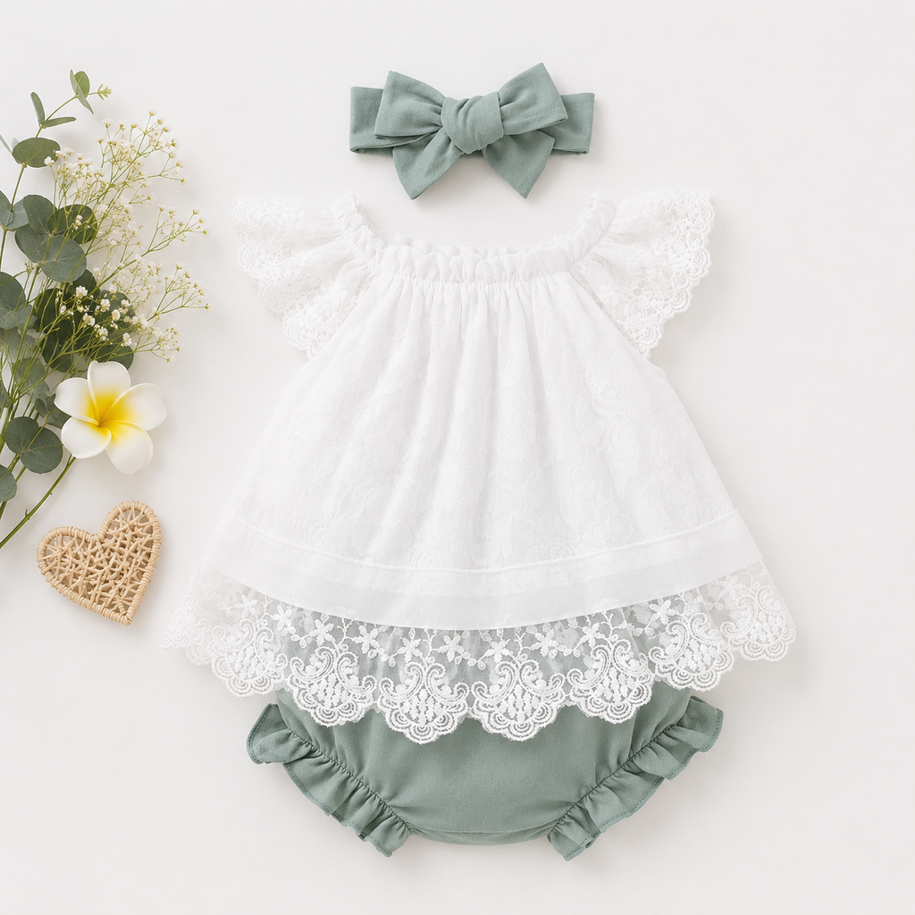 Baby Girl Lace Dress Set with Bloomers & Bow