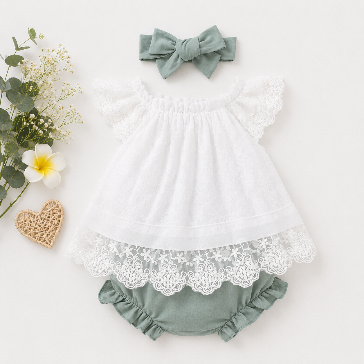 Baby Girl Lace Dress Set with Bloomers & Bow