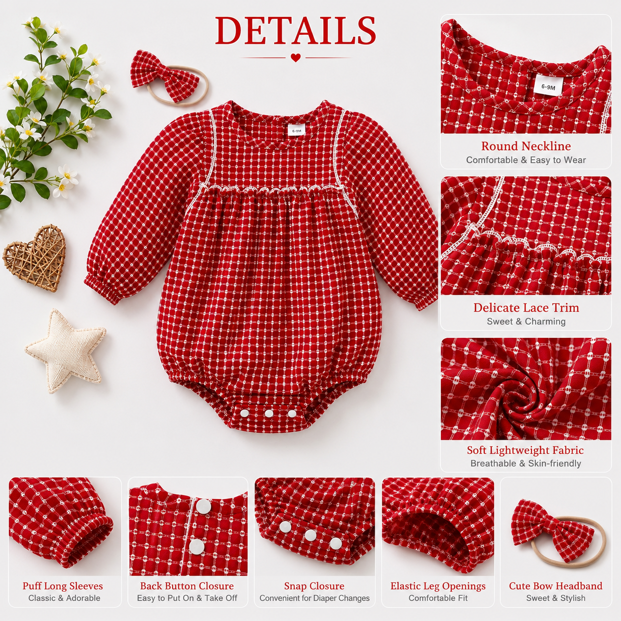 Red Checkered Baby Girl Romper with Headband | Long Sleeve Infant Outfit