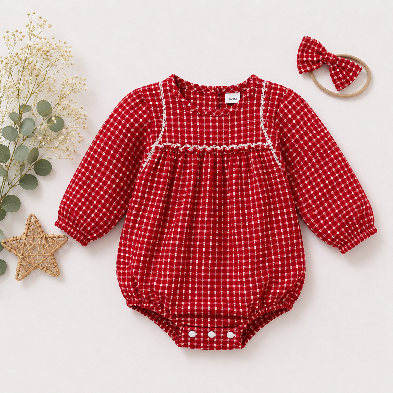 Red Checkered Baby Girl Romper with Headband | Long Sleeve Infant Outfit
