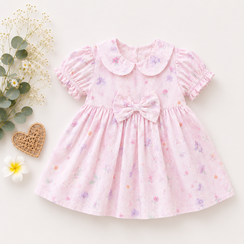 Pink Floral Baby Girl Dress with Bow