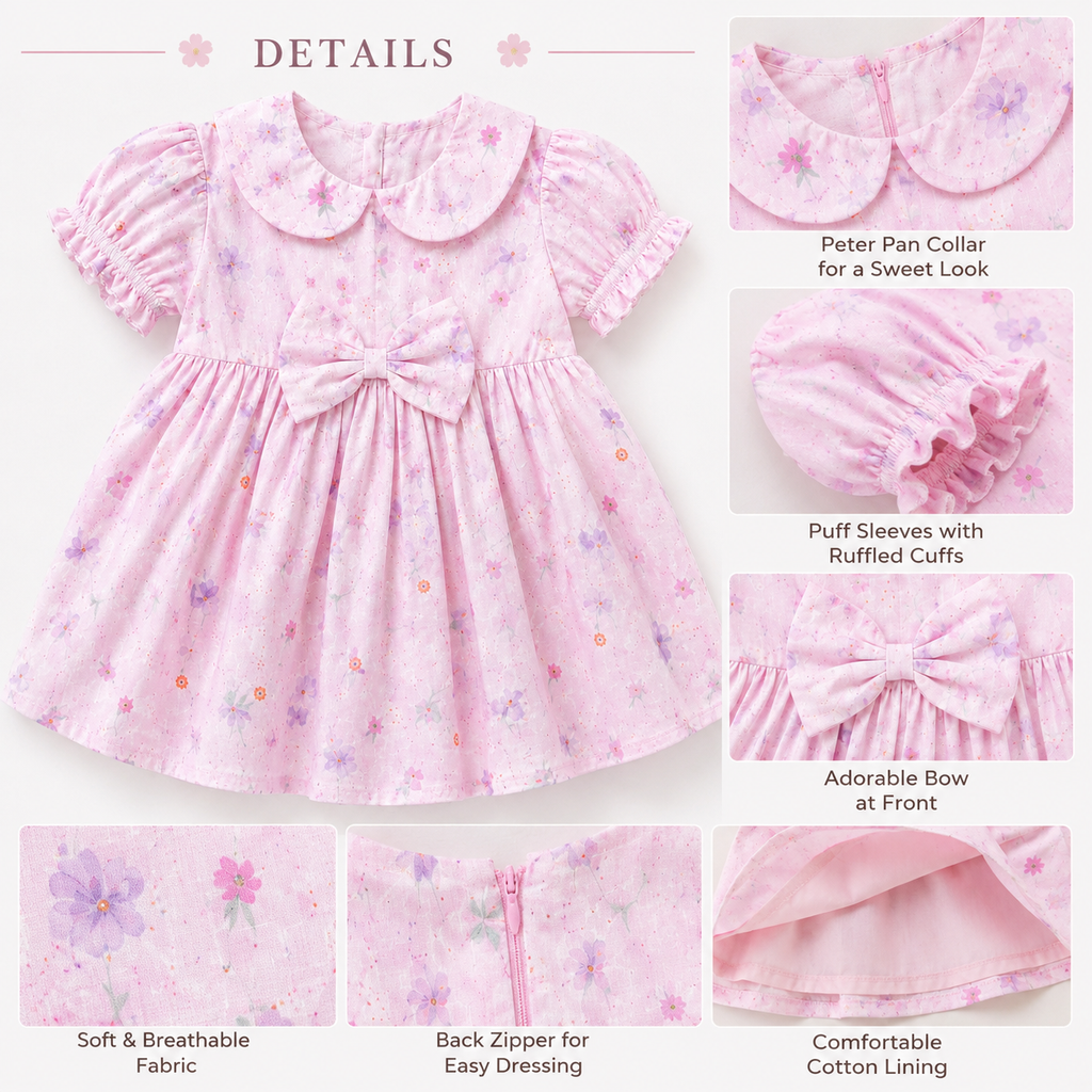Pink Floral Baby Girl Dress with Bow