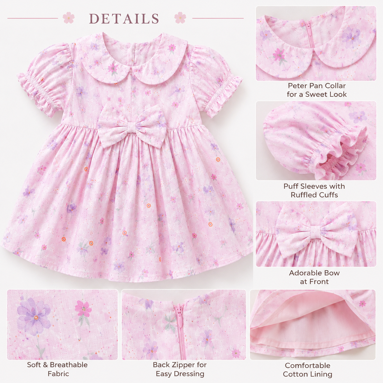 Pink Floral Baby Girl Dress with Bow