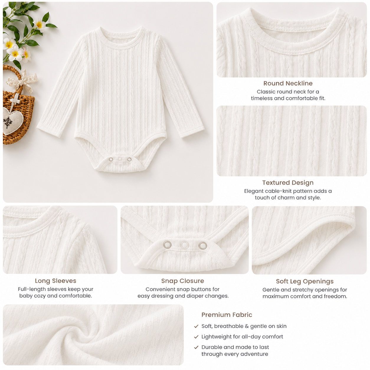 White Knit Baby Girl Romper | Soft Long Sleeve Infant Bodysuit