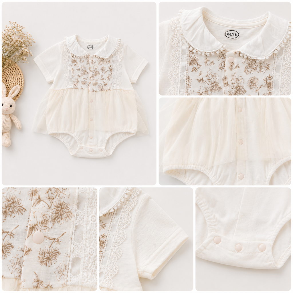 Cream Floral Embroidered Romper with Sheer Overlay