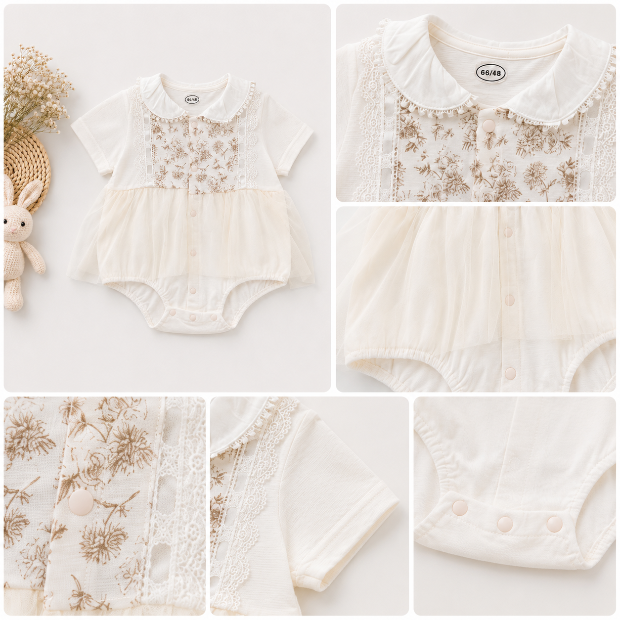Cream Floral Embroidered Romper with Sheer Overlay