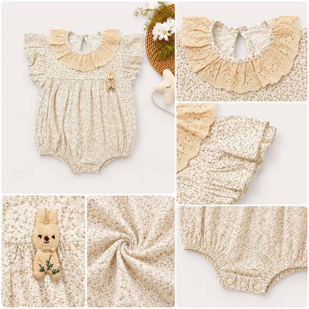 Cream Floral Print Romper with Ruffle Collar