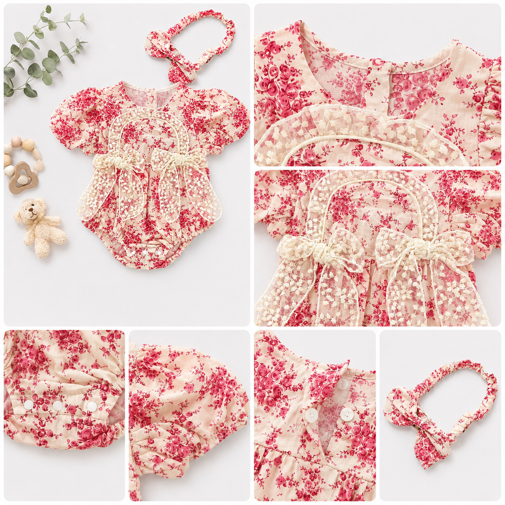 Pink Floral Ruffle Romper with Matching Headband