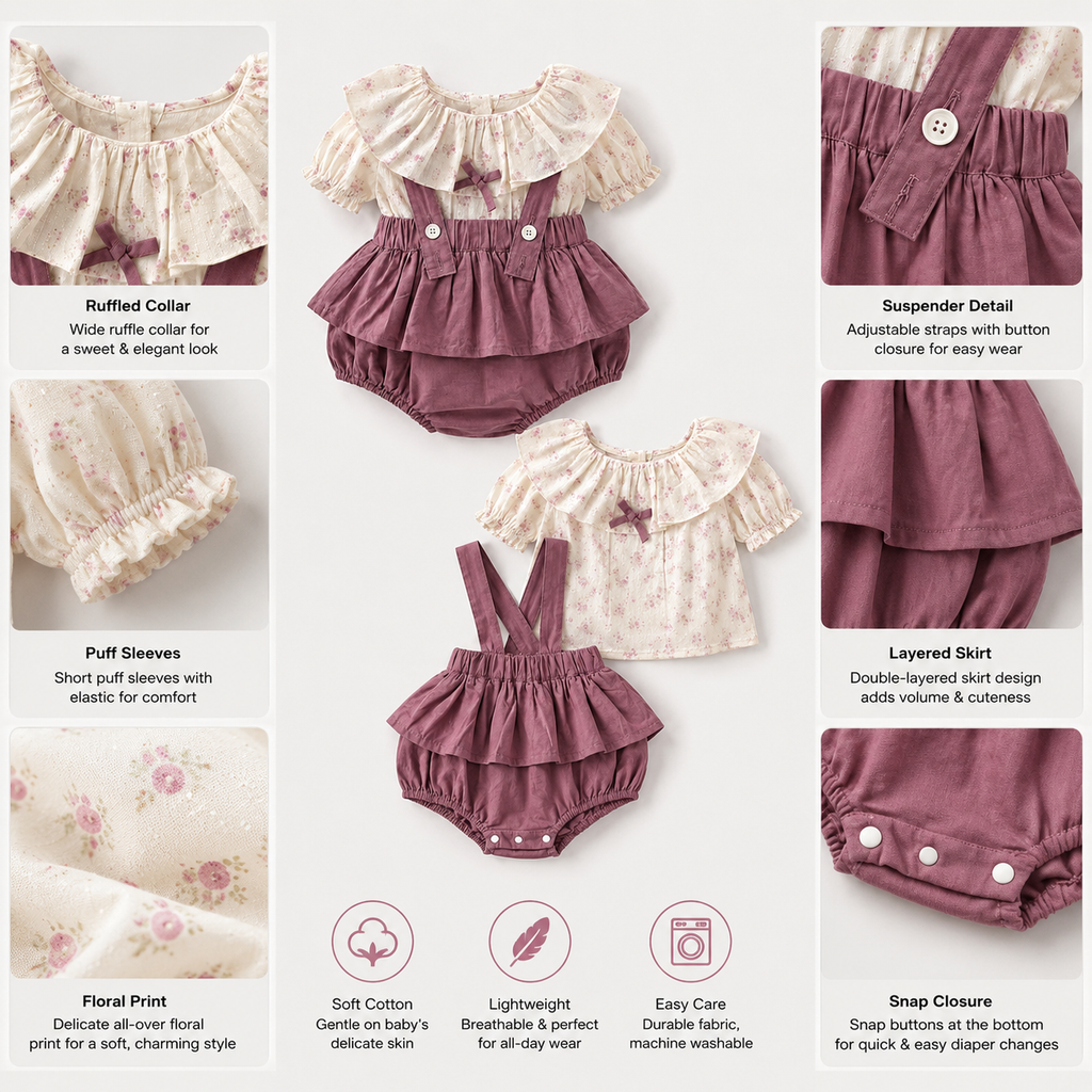 Dusty Pink Ruffle Bloomer Set with Floral Collar Top