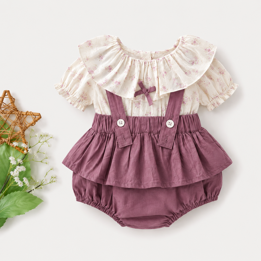 Dusty Pink Ruffle Bloomer Set with Floral Collar Top