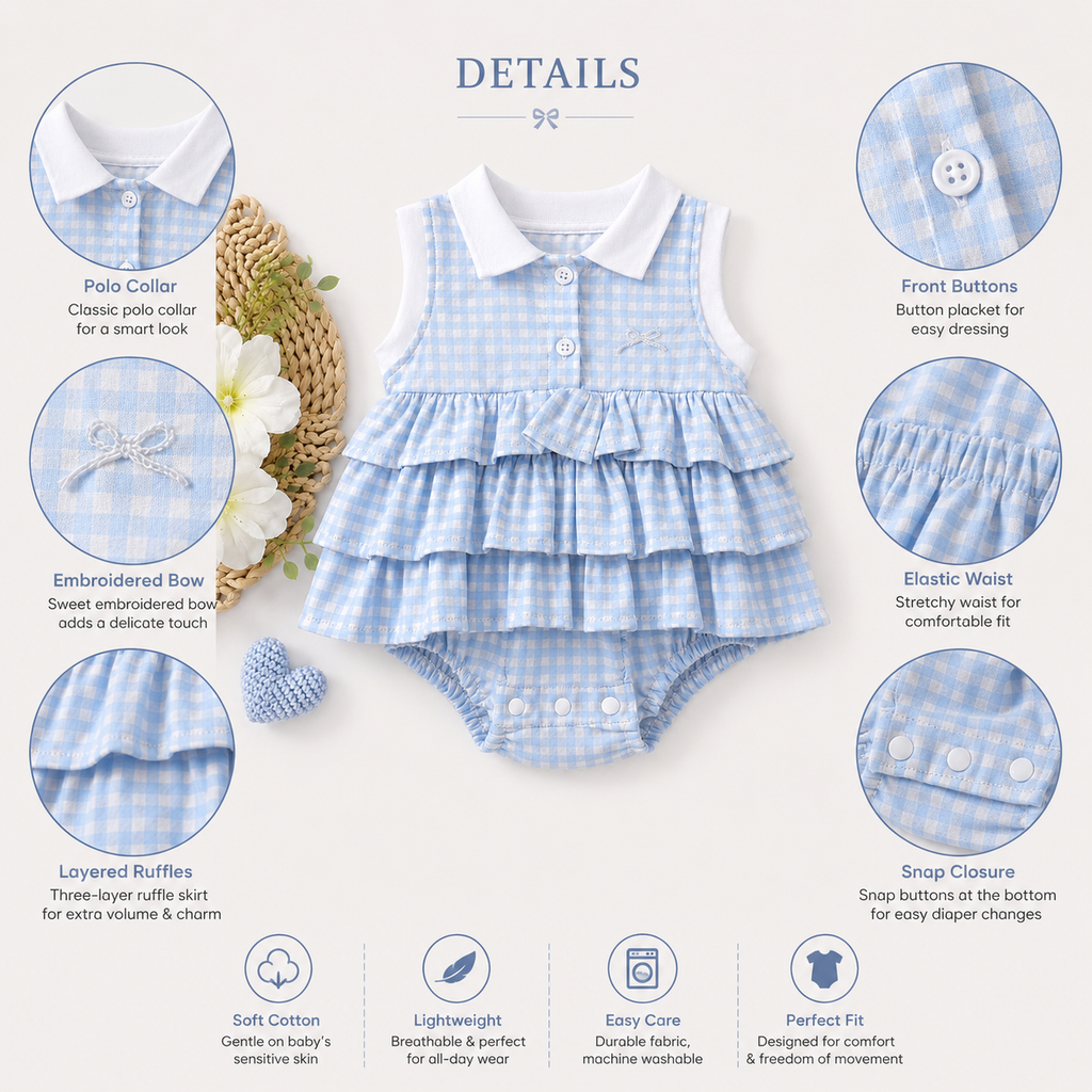 Blue Gingham Ruffle Romper with Peter Pan Collar