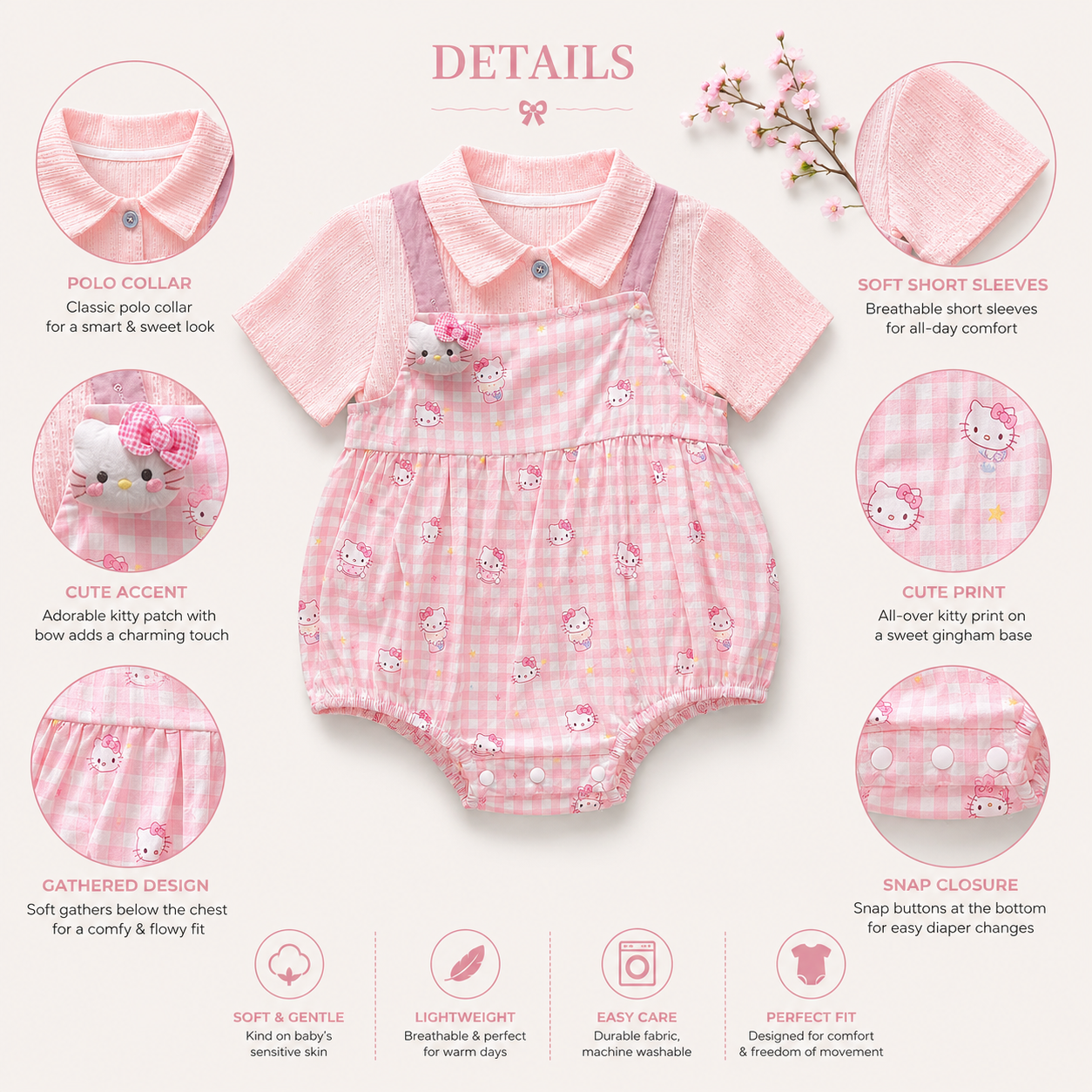 Pink Floral Embroidered Romper with Peter Pan Collar