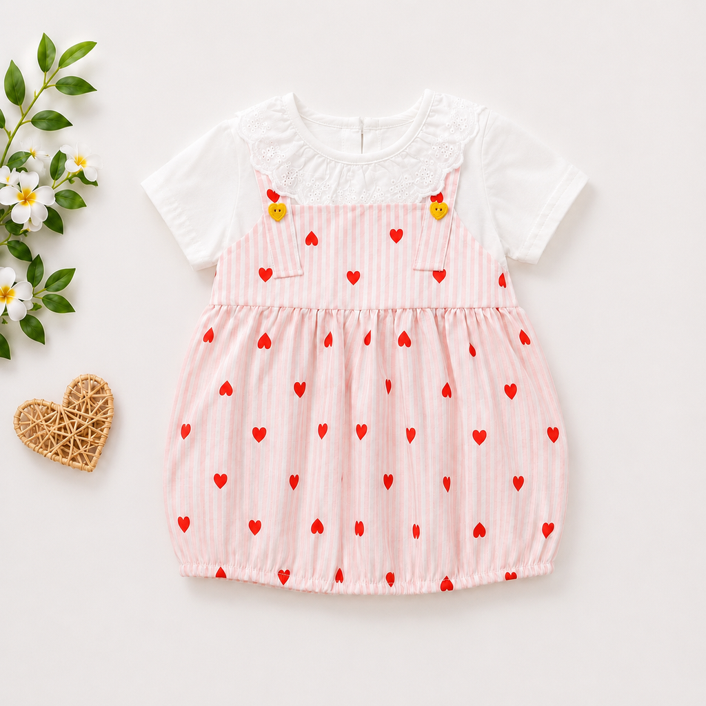 Baby Girls Pink Heart Stripe Bubble Romper Dress with Lace Collar