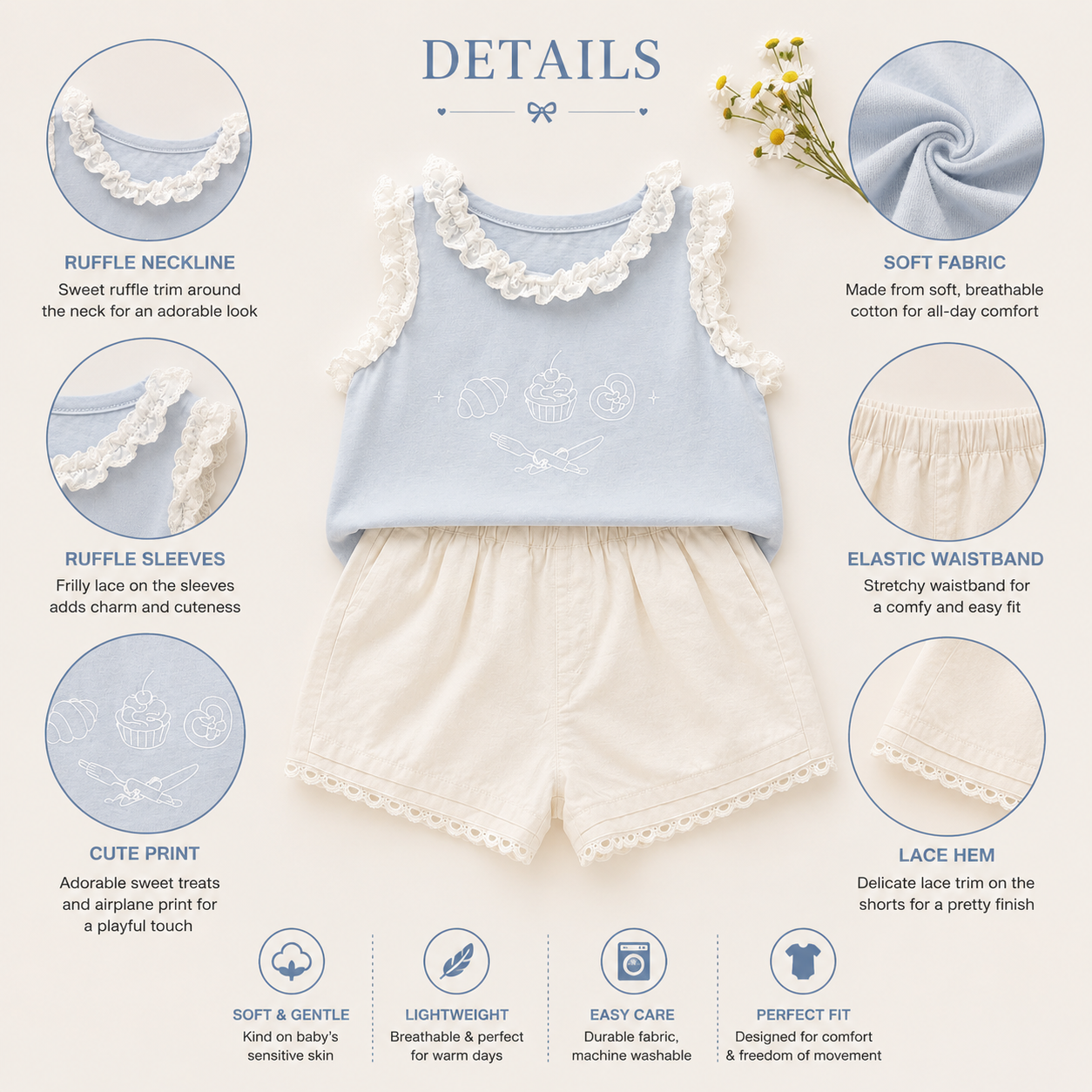 White Ruffle Top & Cream Shorts Set