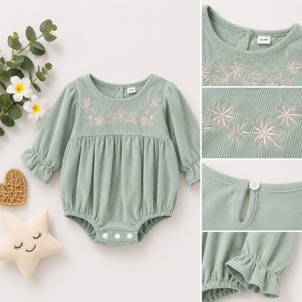 Embroidered Baby Girl Romper | Soft Cotton Long Sleeve Infant Outfit