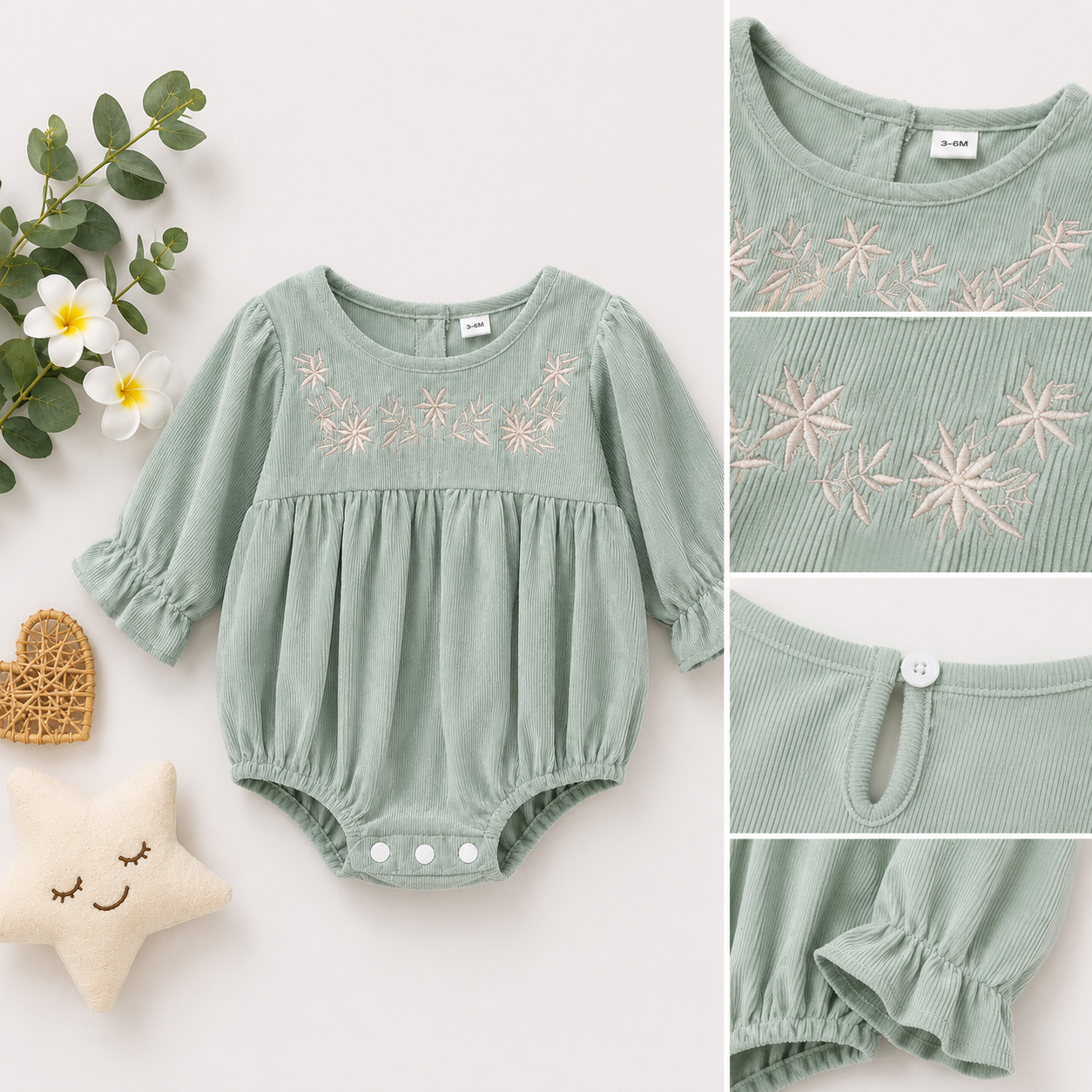 Embroidered Baby Girl Romper | Soft Cotton Long Sleeve Infant Outfit