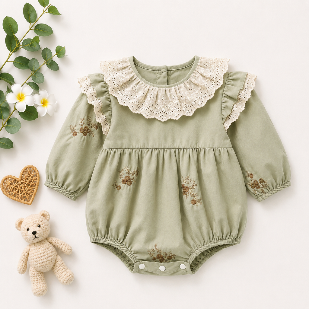 Beige Embroidered Baby Romper with Lace Collar | Premium Baby Girl Occasion Wear