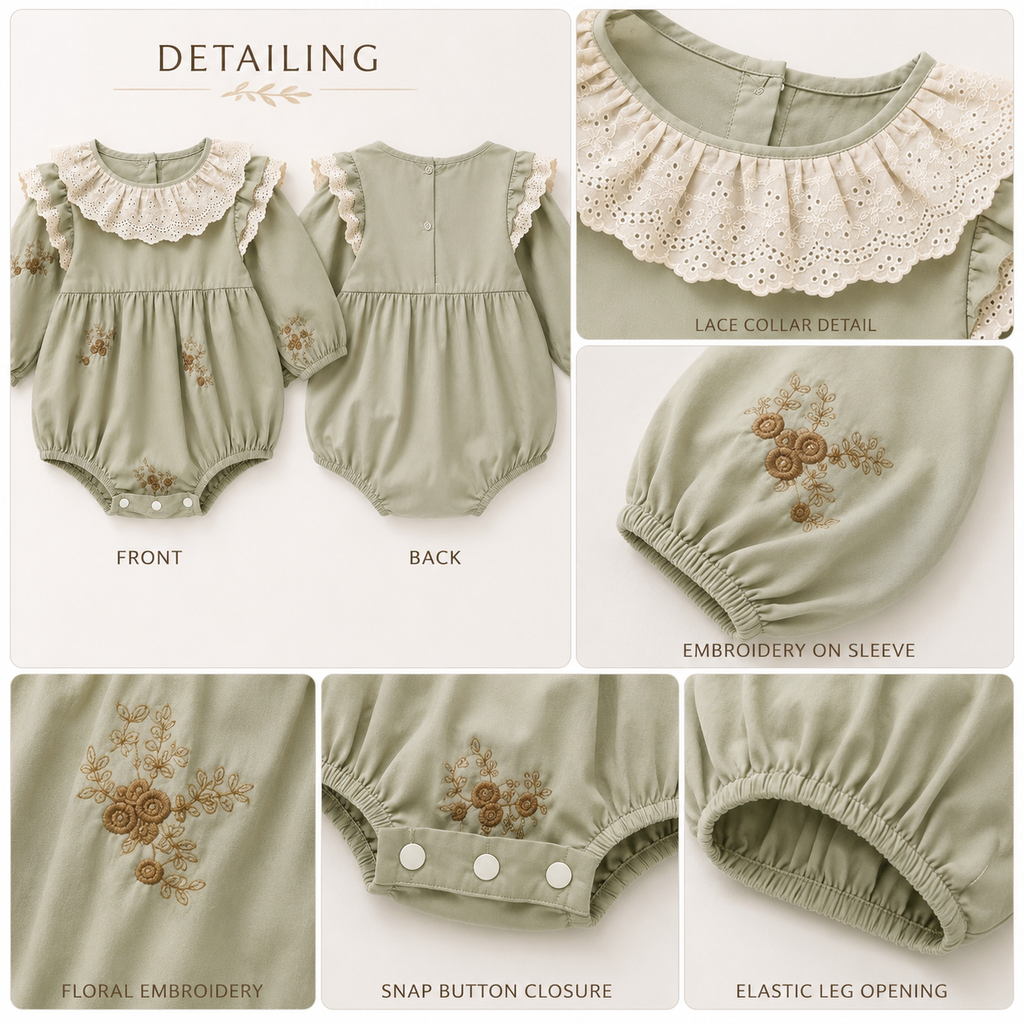 Beige Embroidered Baby Romper with Lace Collar | Premium Baby Girl Occasion Wear