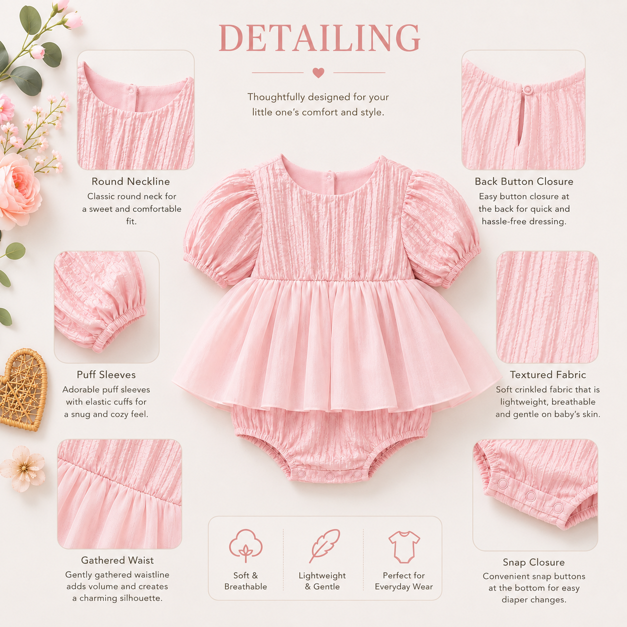 Pink Baby Girl Puff Sleeve Tulle Party Romper