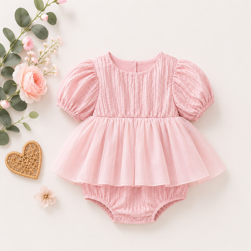 Pink Baby Girl Puff Sleeve Tulle Party Romper