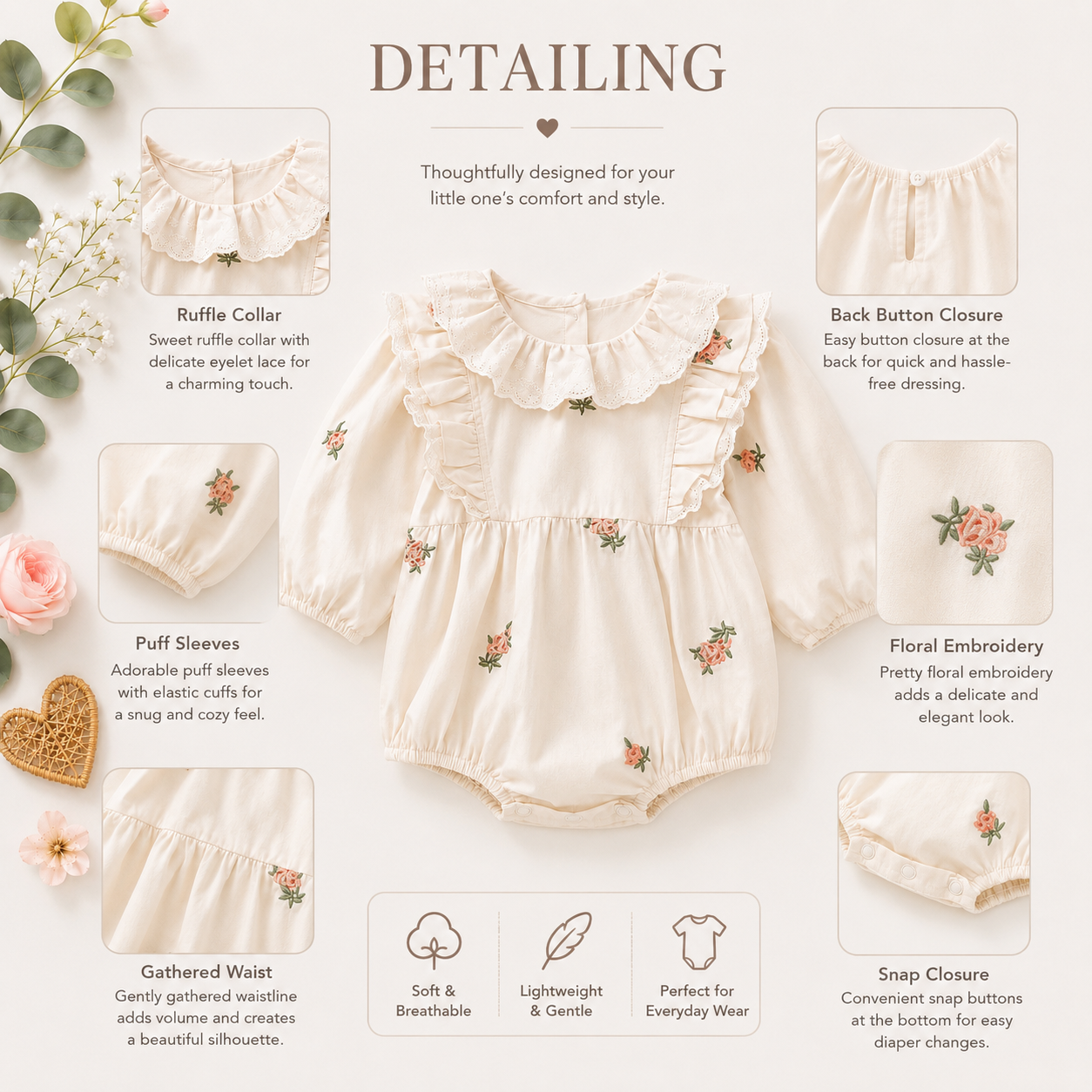 Floral Ruffle Baby Girl Romper – Cotton Infant Bodysuit