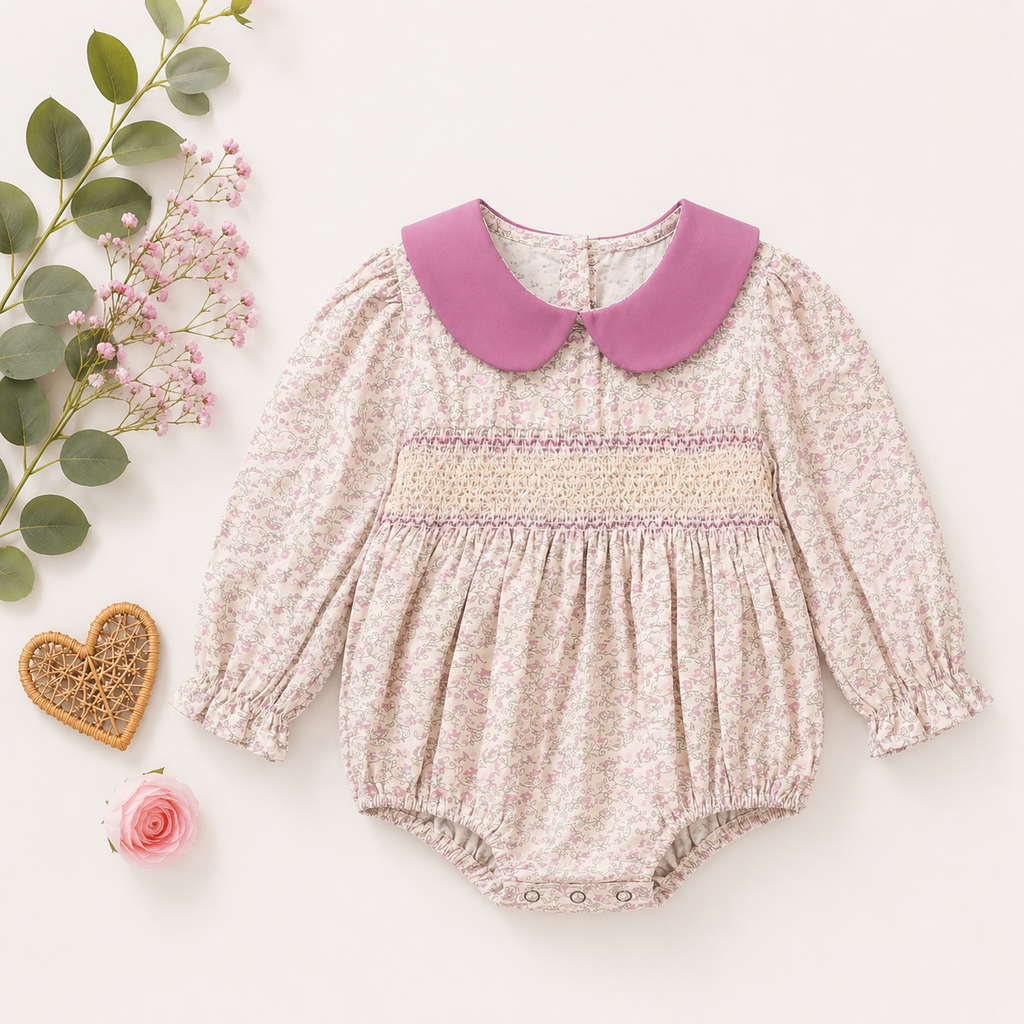 Floral Long Sleeve Baby Girl Romper with Peter Pan Collar