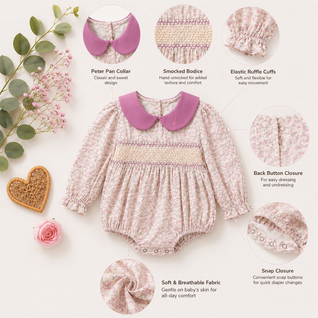 Floral Long Sleeve Baby Girl Romper with Peter Pan Collar