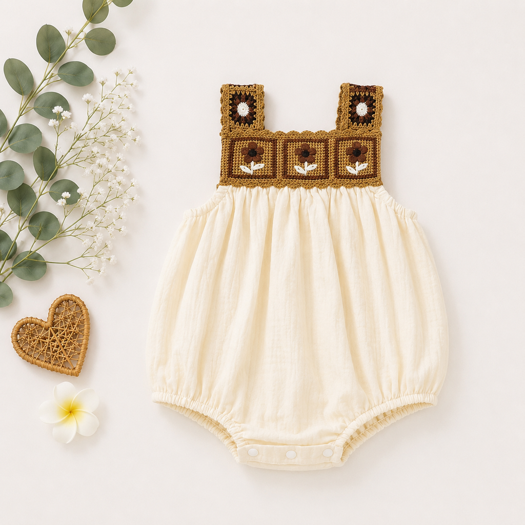 Handmade Crochet Baby Girl Romper – Cotton Muslin