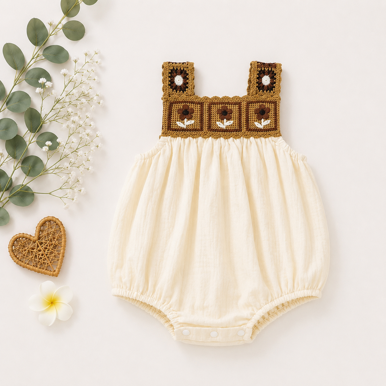 Handmade Crochet Baby Girl Romper – Cotton Muslin