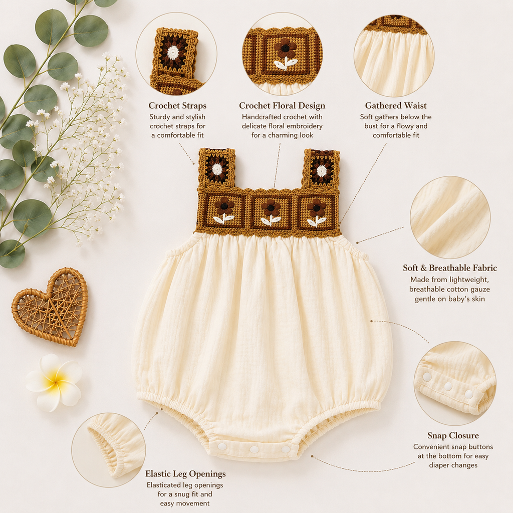 Handmade Crochet Baby Girl Romper – Cotton Muslin