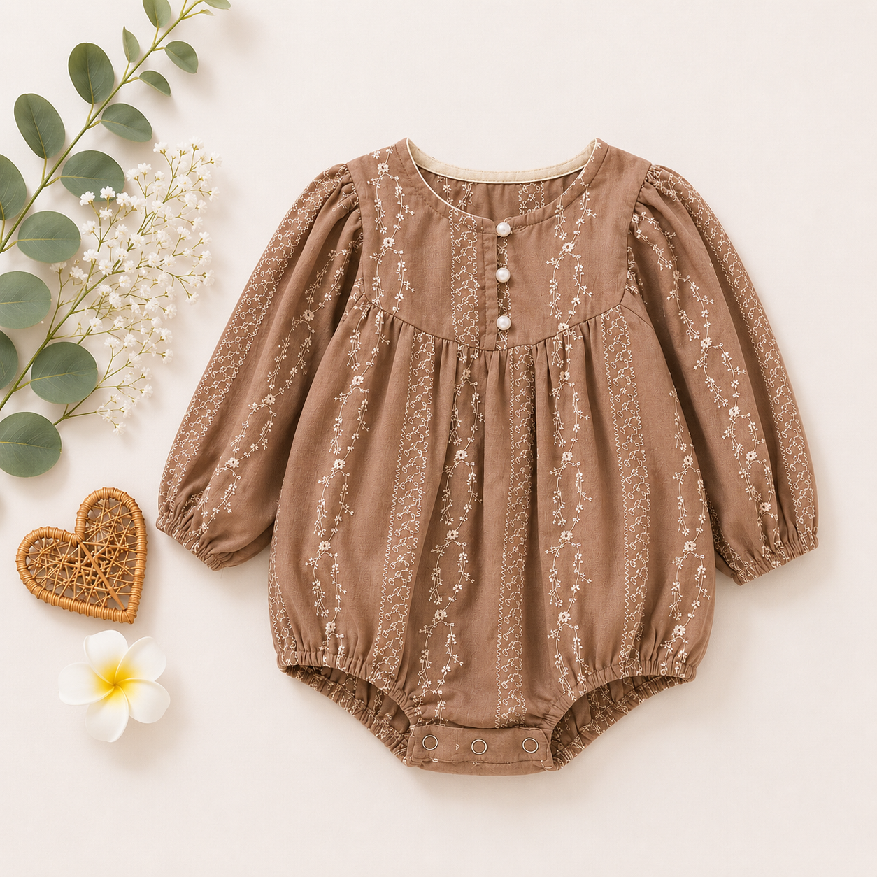 Brown Embroidered Baby Romper with Long Sleeves | Premium Baby Girl Occasion Wear