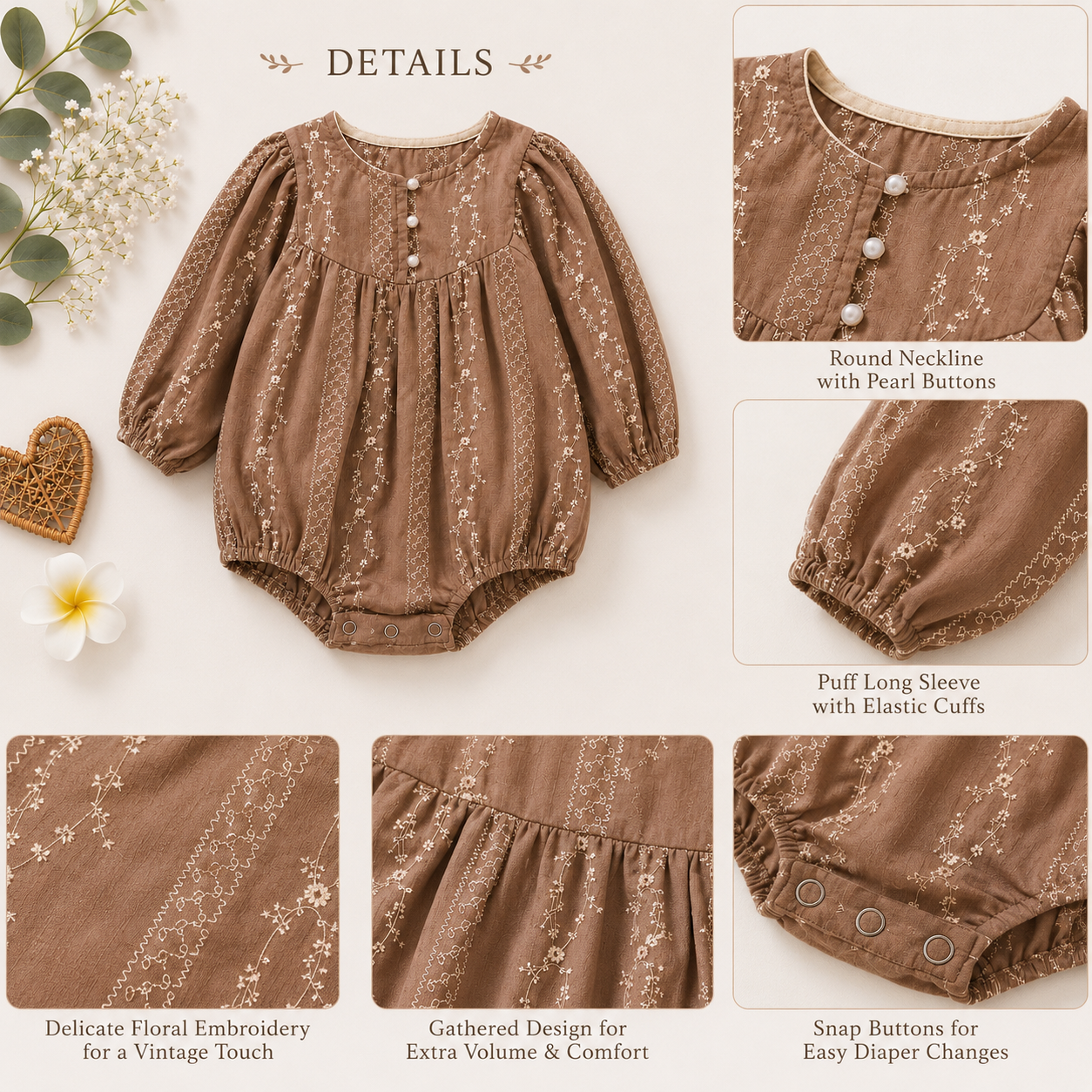 Brown Embroidered Baby Romper with Long Sleeves | Premium Baby Girl Occasion Wear