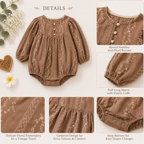 Brown Embroidered Baby Romper with Long Sleeves | Premium Baby Girl Occasion Wear
