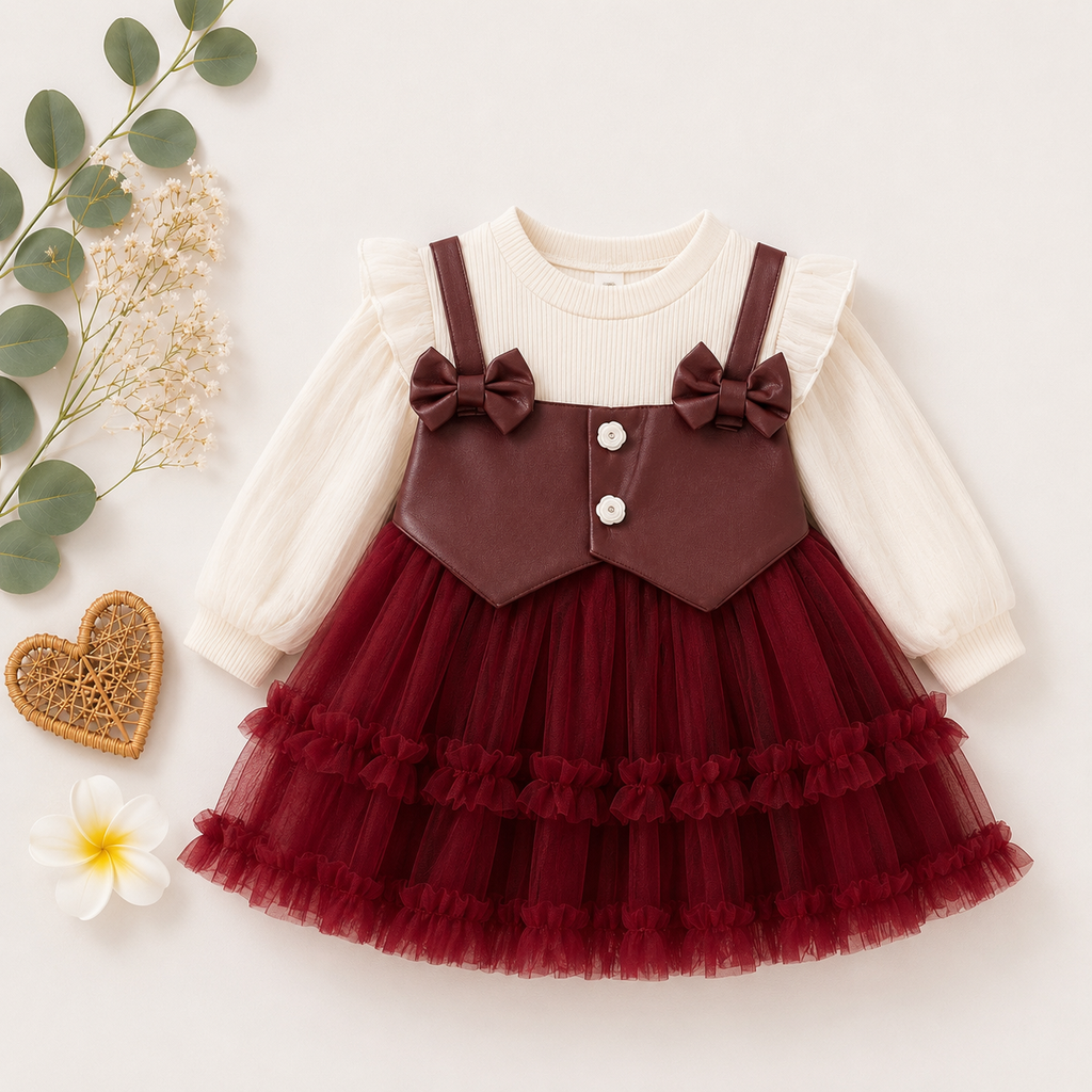 Girls Burgundy Tulle Party Dress with Bows