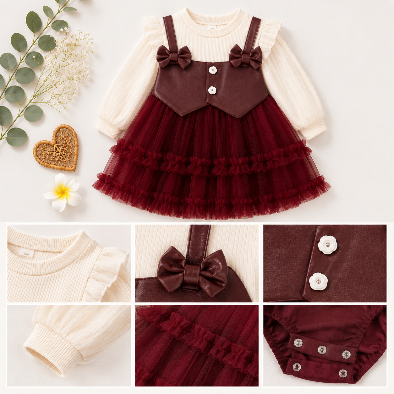 Girls Burgundy Tulle Party Dress with Bows