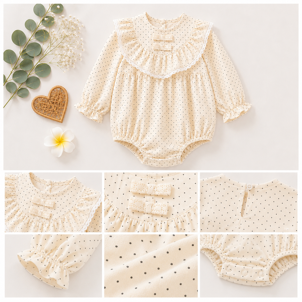 Ivory Polka Dot Baby Romper with Ruffle Collar | Premium Baby Girl Partywear