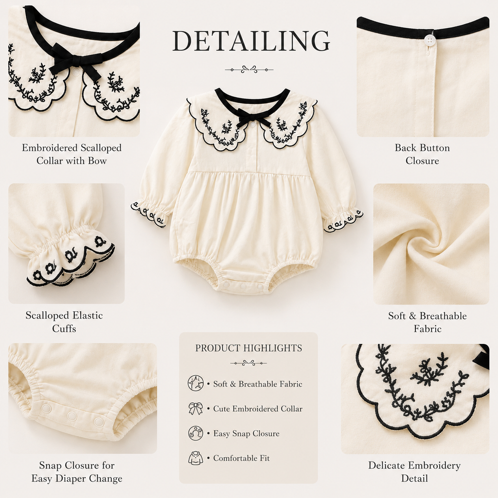 Premium Cream Baby Romper with Embroidered Lace Collar